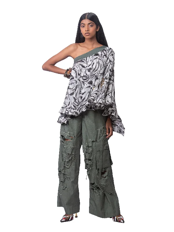 Chiffon Off Shoulder Top With Cotton Ripped Pants Casual Yoga Pants