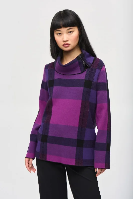 Joseph Ribkoff Empress/Mystic/Black Plaid Pattern Zipped Cowl Neck Sweater Top 243943 Mesh Blend Leather Blend Suede Blend Joseph Ribkoff Empress/Mystic/Black Plaid Pattern Zipped Cowl Neck Sweater Top 243943 Mesh Blend Leather Blend Suede Blend
