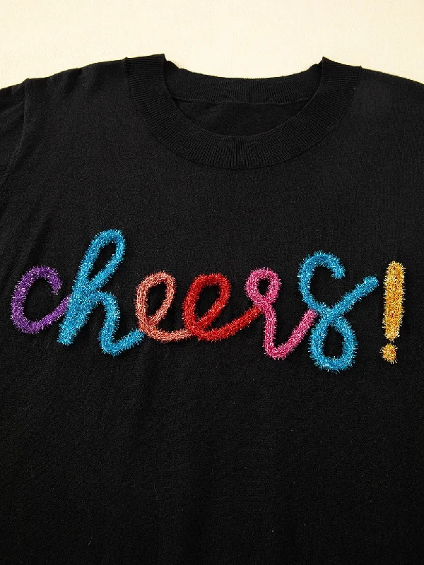 Black Glitter Cheers Sweater Graphic Sweater Embroidered Appliqued