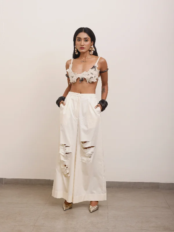 Cotton Broad Pants With Deconstructed Details Comfy Zip-Up Pants