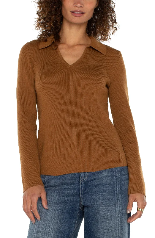 LONG SLEEVE V-NECK COLLARED SWEATER - TUMERIC Knit Fabric Woven Fabric Fleece Fabric LONG SLEEVE V-NECK COLLARED SWEATER - TUMERIC Knit Fabric Woven Fabric Fleece Fabric