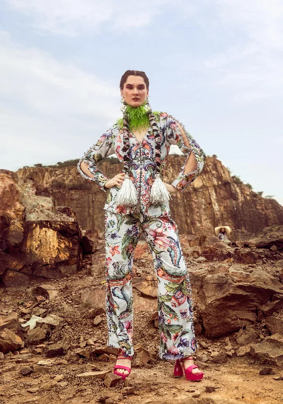 Button Detailing Printed Top with Pants Trendy Velvet Pants