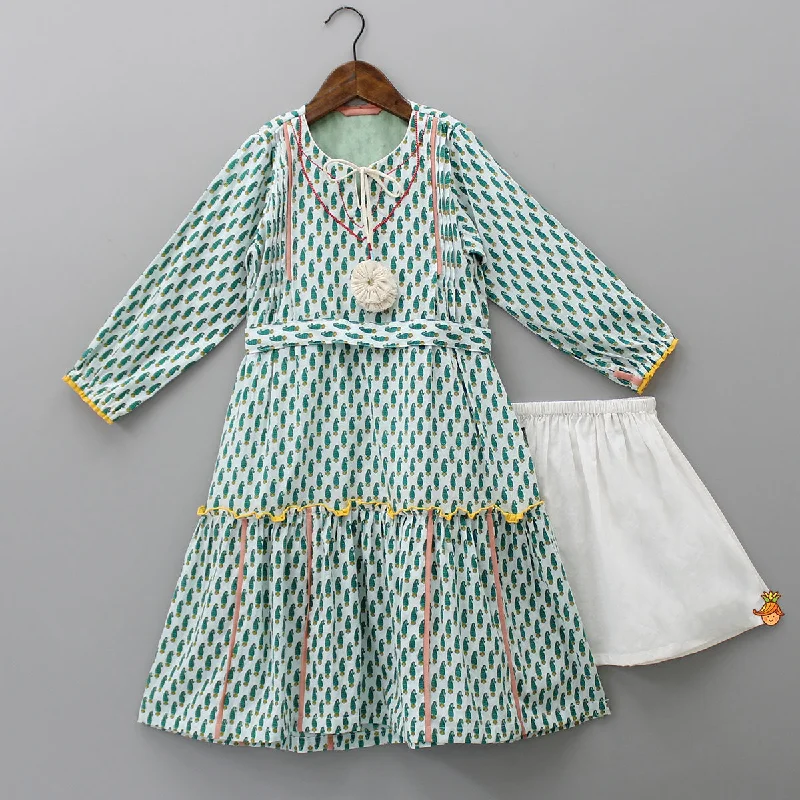 Pin Tuck Detailed Motifs Printed Kurti With Inner Skirt linen skirt natural