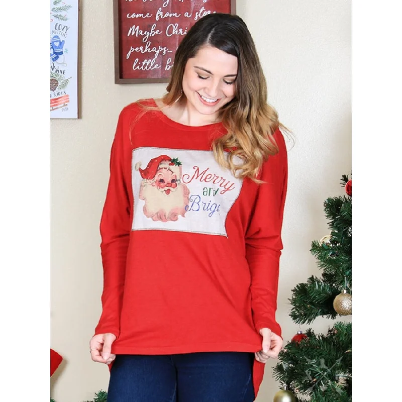 Merry and Bright Vintage Santa Patch on Red Tunic Sweater Toggled Drawstring Belted