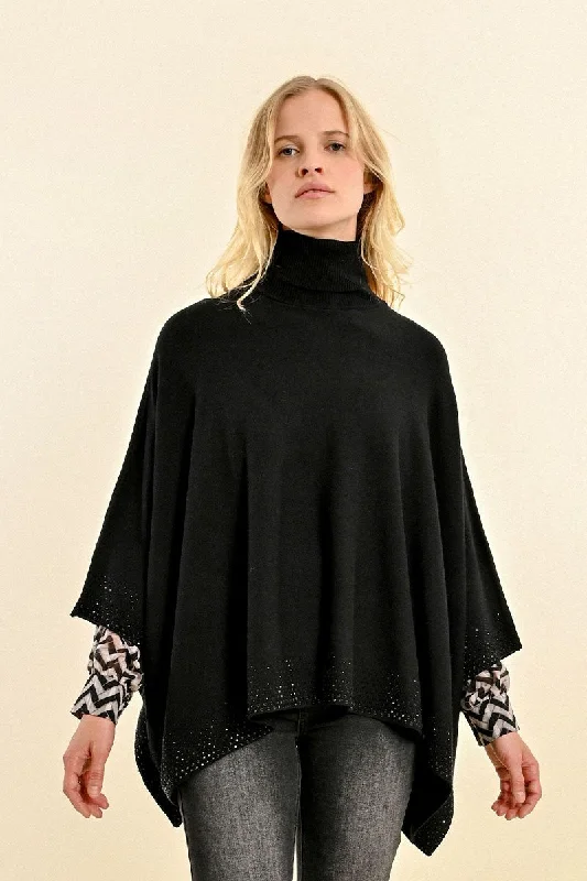 KNITTED PONCHO SWEATER - BLACK Spandex Blend Rayon Blend Denim Blend