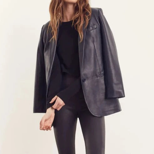 Blue Leather Blazer Jacket Women Fleece Fabric Down Fabric Feather Fabric