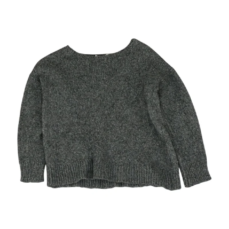 Gray Solid Crewneck Sweater Mesh Sweater Canvas Denim