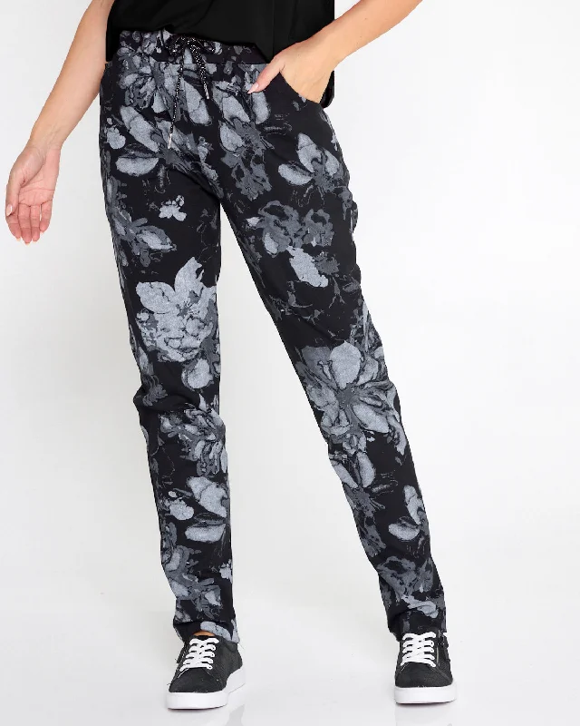 Alda Stretch Cotton Pants - Midnight Bloom Casual Wide Pants