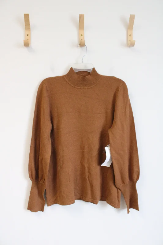NEW Erin London Brown Mock Neck Sweater | XL Embroidered Appliqued Beaded