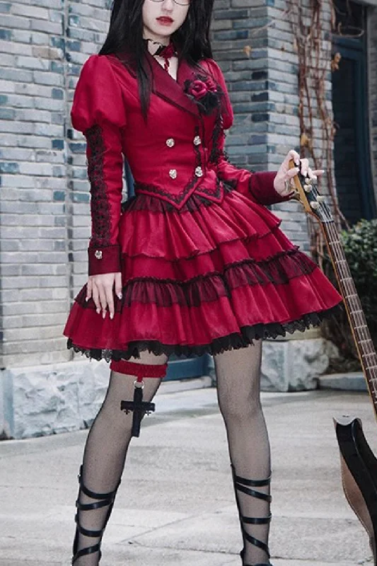 Red Gothic Punk Long Sleeves Removable Corsage Lolita Skirt Set linen skirt relaxed