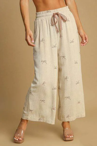 Umgee Lace Drawstring Embroidered Bow Wide Leg Pants Plus Size Comfortable Maternity Pants Umgee Lace Drawstring Embroidered Bow Wide Leg Pants Plus Size Comfortable Maternity Pants