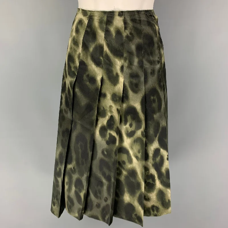PRADA Size 8 Olive Black Silk Print A-Line Skirt mini skirt trendy