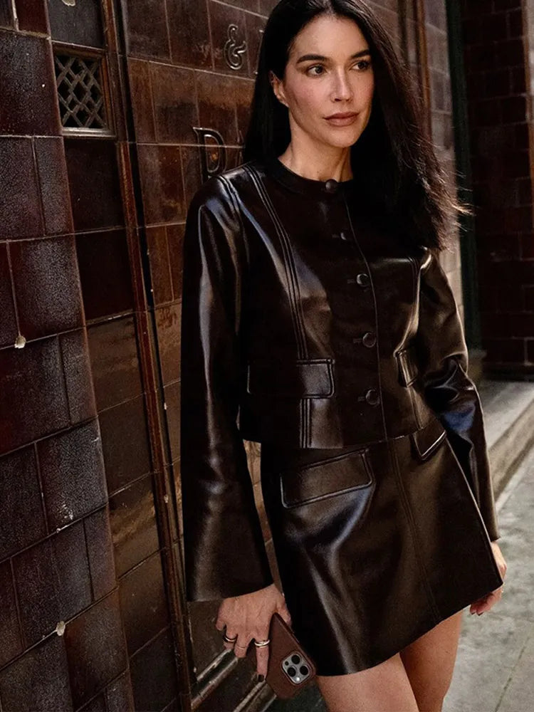 Cinessd Christmas Gift Street PU Leather Women's Jacket Short Skirts Suits Punk Style Single Breasted Long Sleeve Coats Zipper Dress 2 Pcs Sets Outfit Front Pockets Side Pockets Patch Pockets Cinessd Christmas Gift Street PU Leather Women's Jacket Short Skirts Suits Punk Style Single Breasted Long Sleeve Coats Zipper Dress 2 Pcs Sets Outfit Front Pockets Side Pockets Patch Pockets