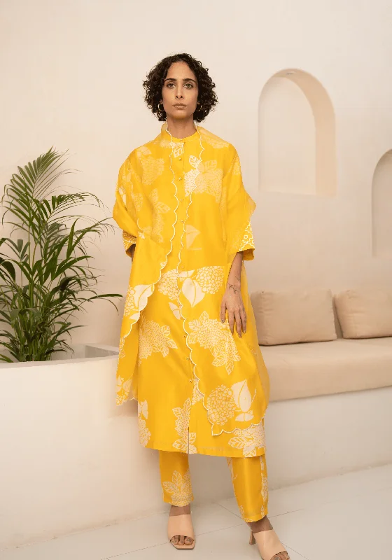 Yellow Floral Printed Tunic And Pant With Dupatta Trendy High-Waist Trousers