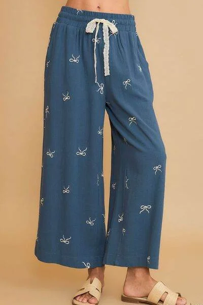 Umgee Lace Drawstring Embroidered Bow Wide Leg Pants Plus Size Wide-Legged Palazzos