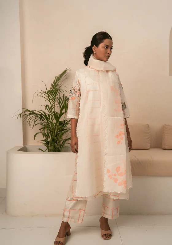 Ivory And Pink Checks Double Layer Tunic And Pant With Dupatta Fashionable Work Pants