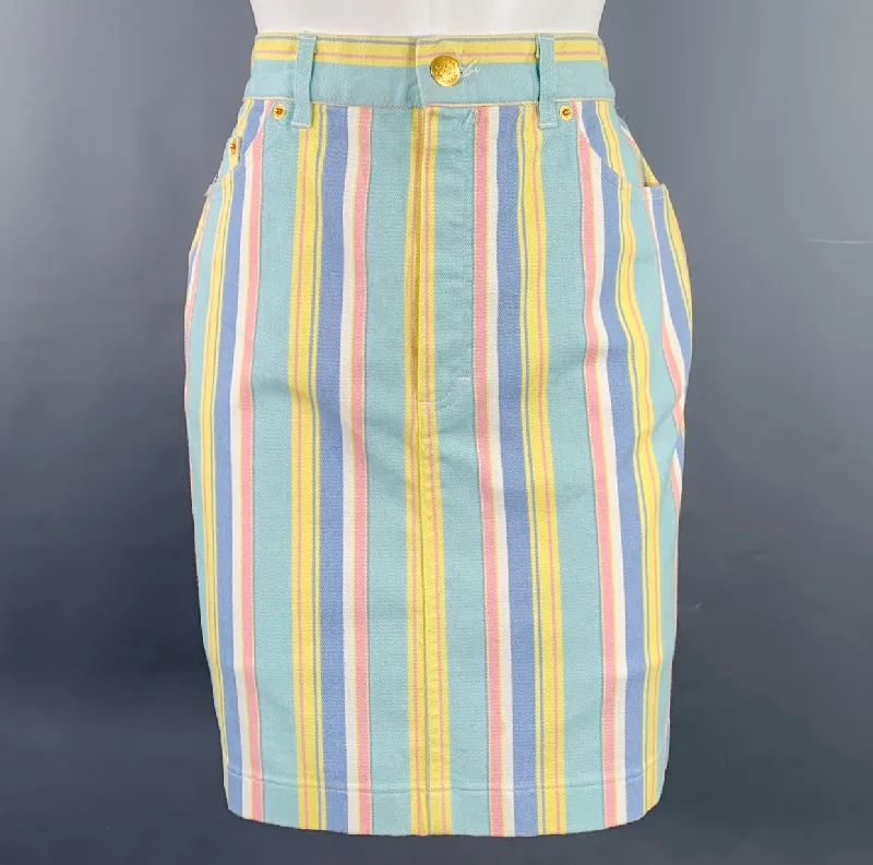 ESCADA Size M Blue Multi Color Cotton Blend Stripe Five Pockets Mini Skirt low waist skirt