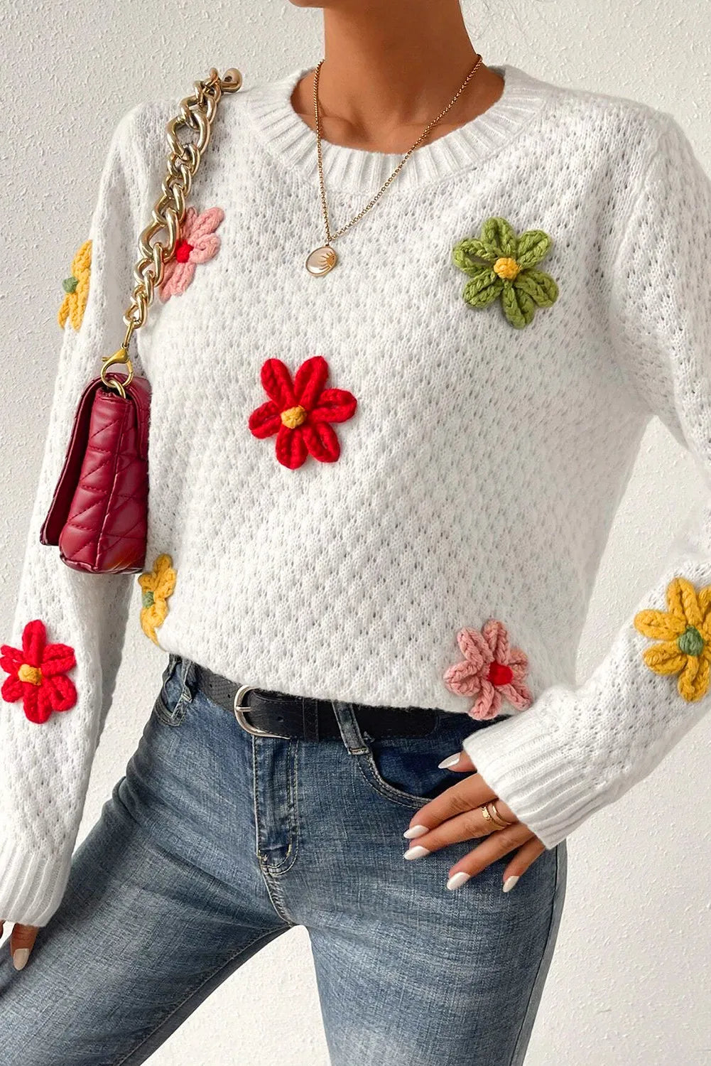 Crochet Flower Round Neck Sweater Stretchy Elastic Breathable