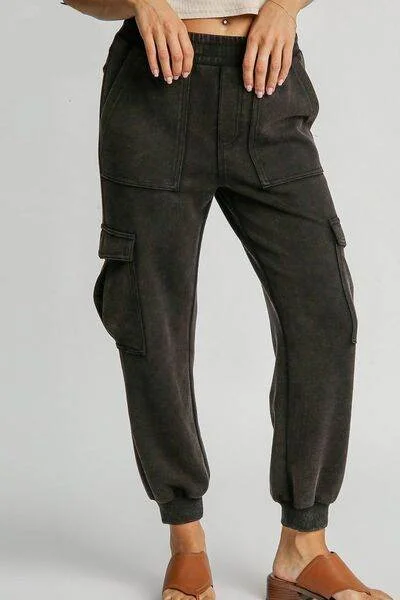 Umgee Mineral Washed Elastic Waist Cargo Pants Plus Size Chic Faux Leather Pants