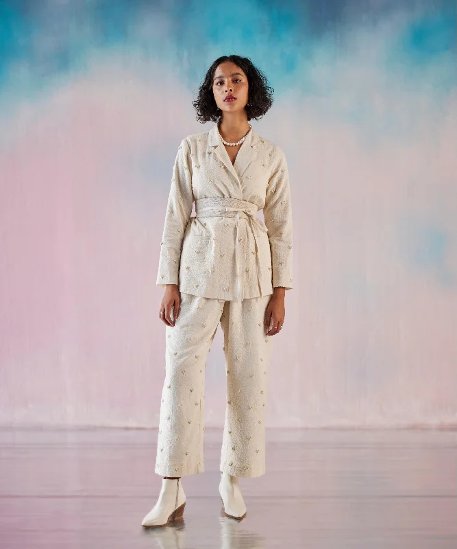 Off White Foam Heart Emb Pants Trendy Work Pants