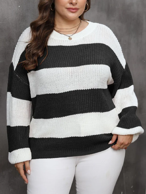 Plus Size Striped Round Neck Long Sleeve Sweater Mesh Blend Leather Blend Suede Blend Plus Size Striped Round Neck Long Sleeve Sweater Mesh Blend Leather Blend Suede Blend