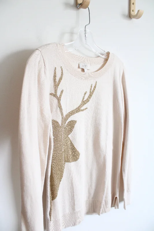 LOFT Beige Gold Shimmer Reindeer Sweater | M Hooded Sweater Collared Sweater Shawl Collar LOFT Beige Gold Shimmer Reindeer Sweater | M Hooded Sweater Collared Sweater Shawl Collar