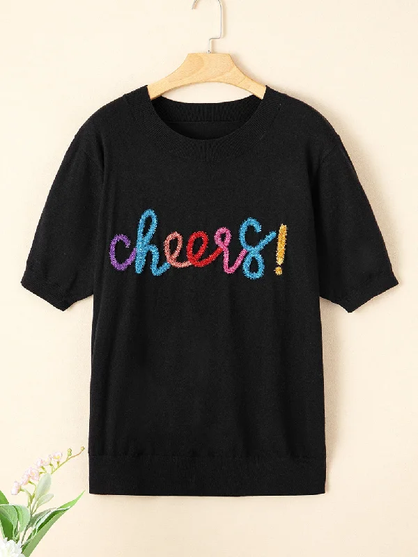 Short Sleeve Glitter Sweater Solid Color Striped Floral Print