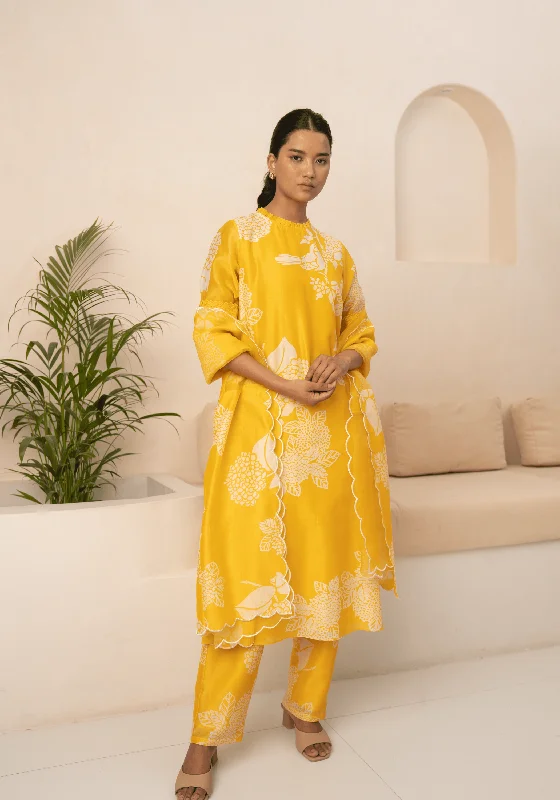 Yellow Floral Printed Tunic With Schiffli Sleeves And Pant Warm Wool Trousers