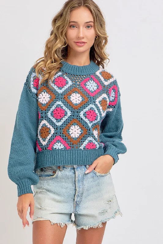 PATCHWORK SWEATER - TEAL Denim Fabric Leather Fabric Suede Fabric