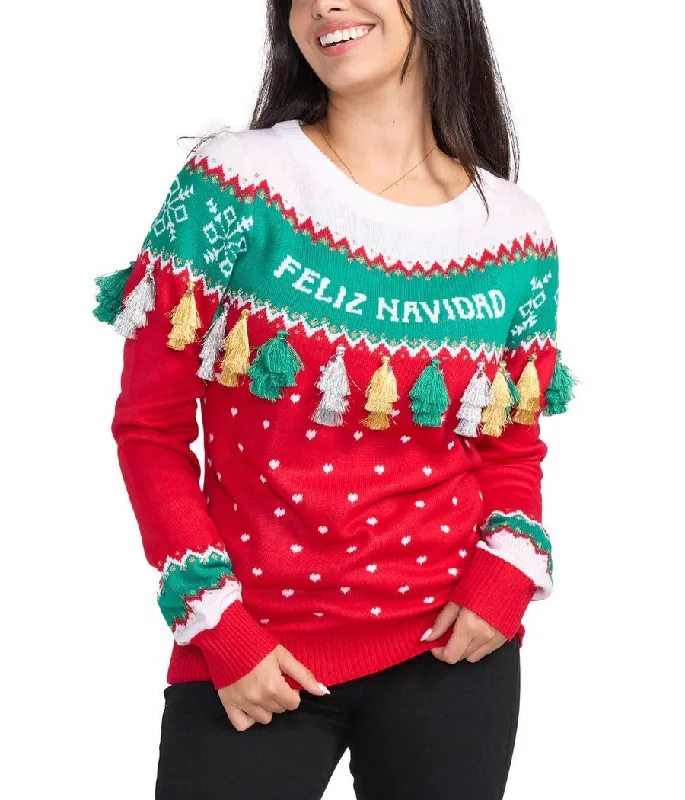 Women's Feliz Navidad Tassel Ugly Christmas Sweater Modern Contemporary Chic