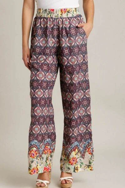 Umgee Mixed Print Elastic Waistband Pants Plus Size Soft Sweatpants Style